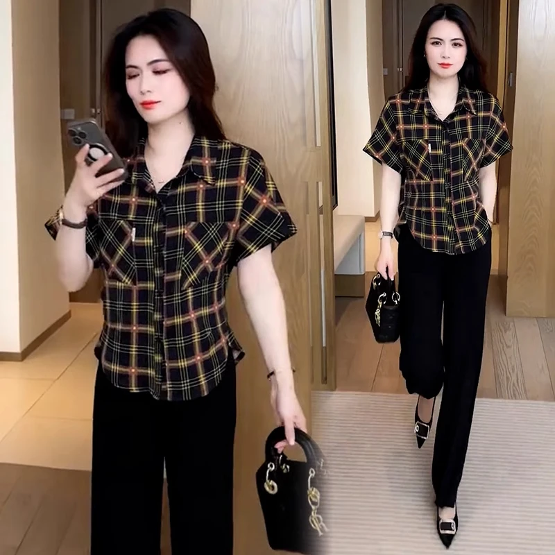 时尚格子衬衫女2025夏季新款洋气遮肚子显瘦百搭宽松休闲短袖上衣