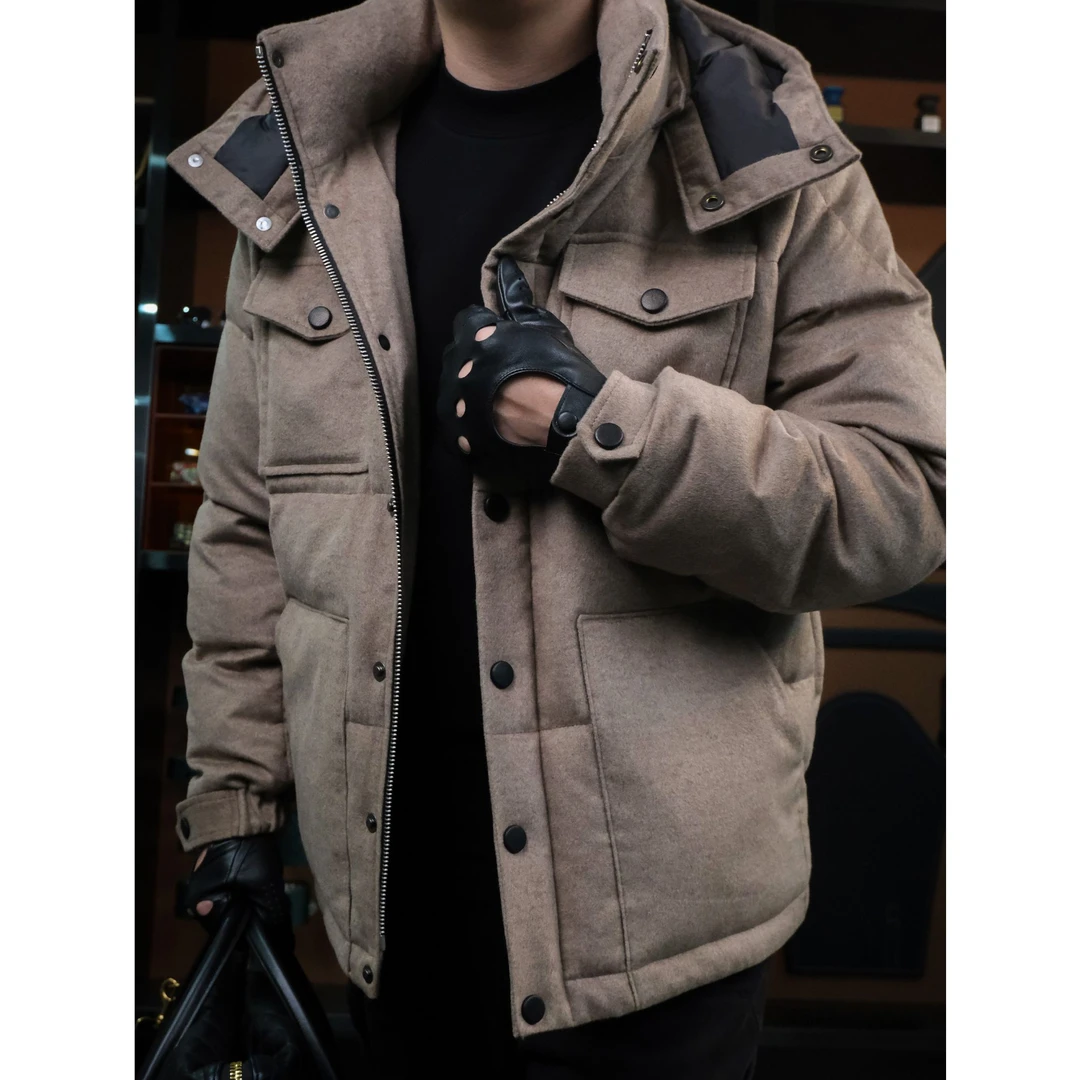 冬季新款美拉德绵羊毛白鹅绒羽绒服真皮包扣轻奢高端男士外套