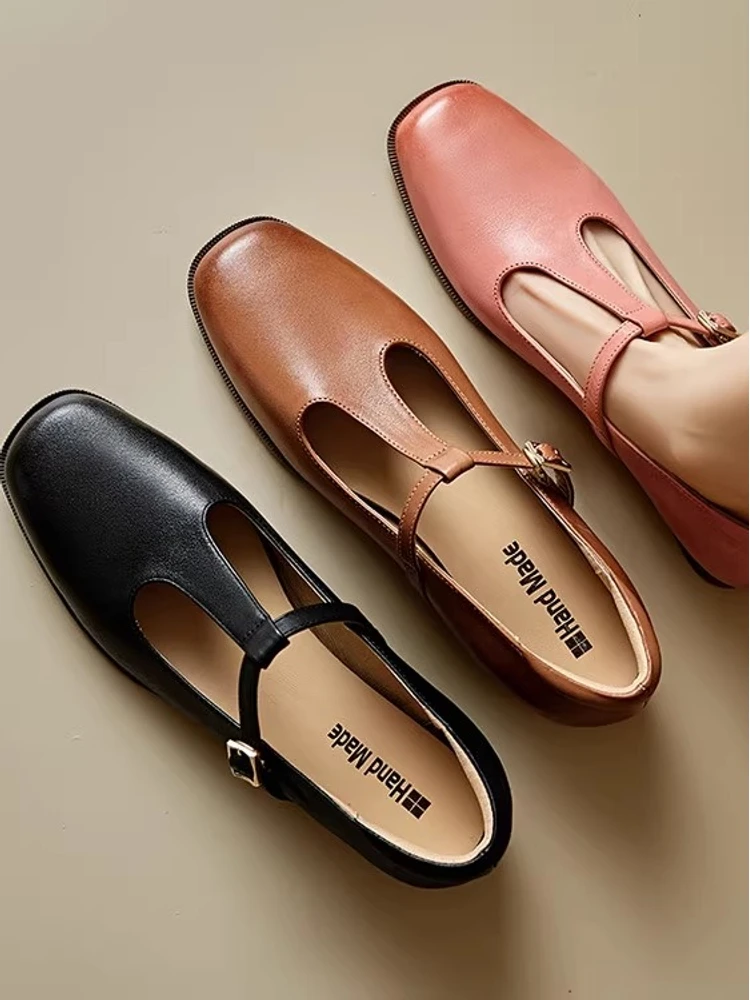 诗宝斐尔低跟2CM法式复古T字带玛丽珍女鞋真皮方头丁字扣平底单鞋