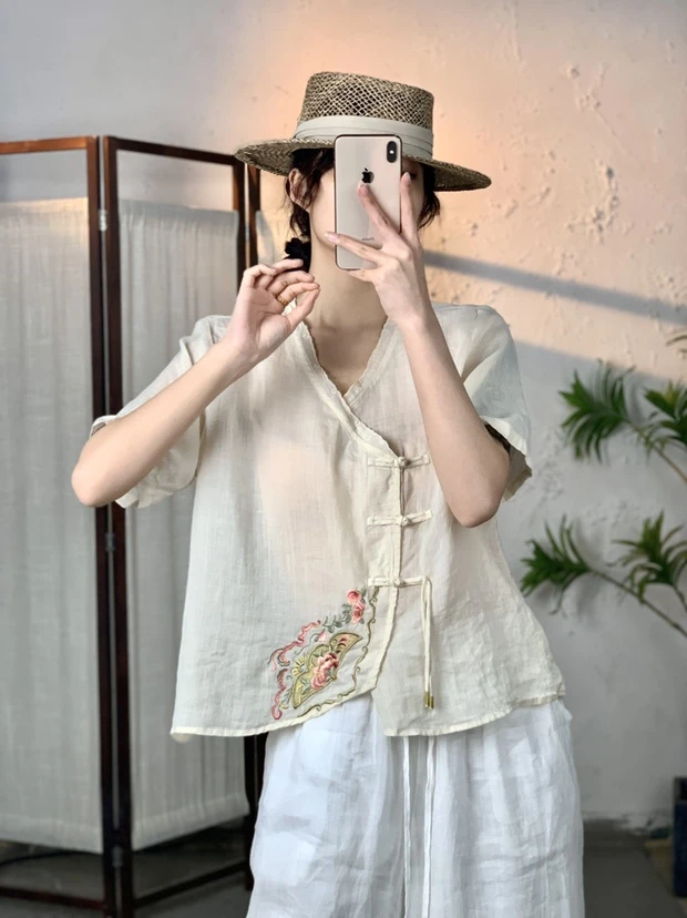 新中式宽松苎麻小衫刺绣圆领夏季短袖上衣2517  肩40胸110长60