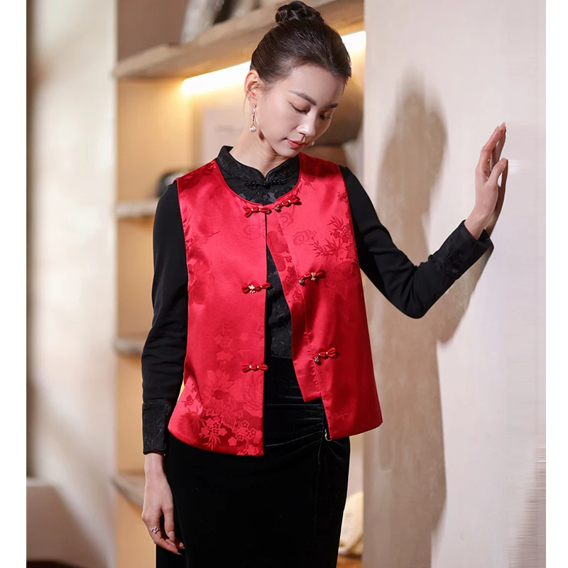 新双面穿红色2025早春新款无袖上衣穿盘扣新新中式马甲