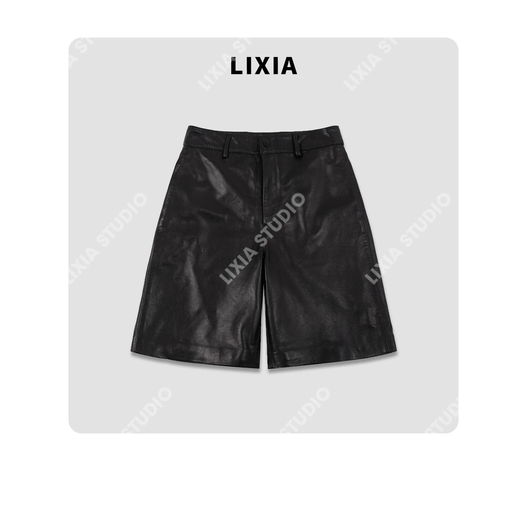 LIXIA【昼夜】早秋复古重工网红款休闲直筒五分油蜡羊皮裤-D8936