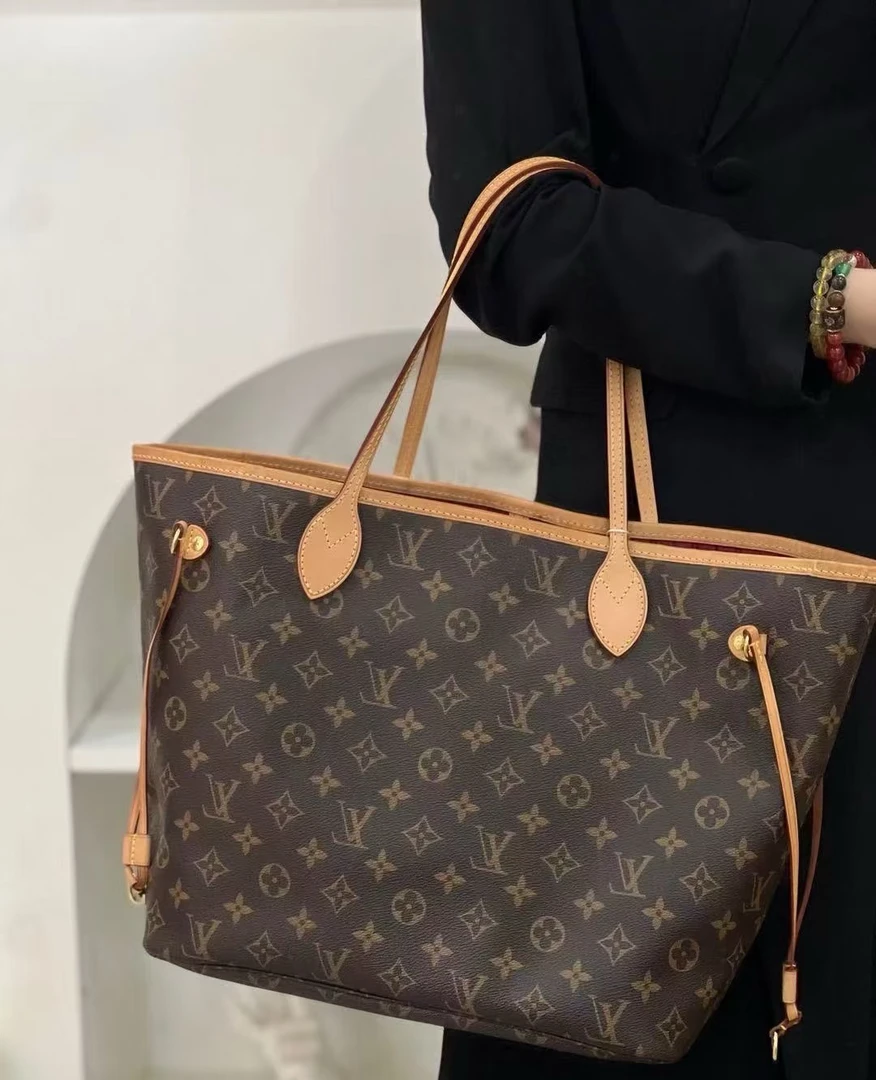 95新 LouisVuitton/路易威登 nf中号玫红色全原/托特包通勤包