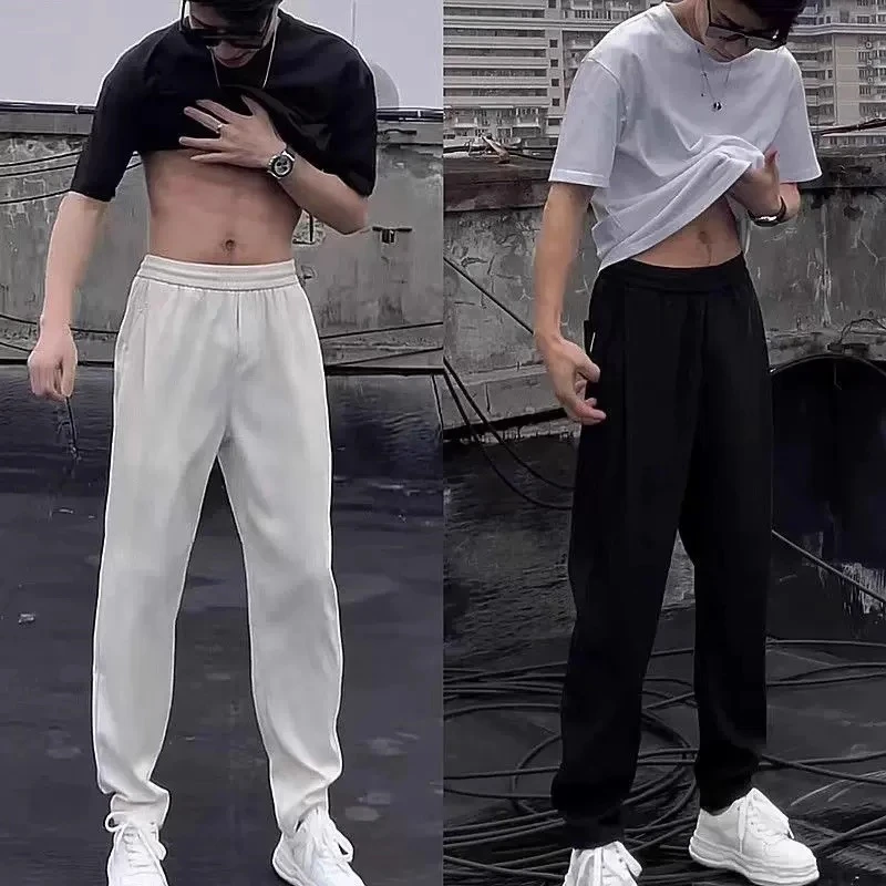 夏季薄款长裤男士潮牌休闲西裤宽松潮流百搭纯白垂感抗皱直筒裤子