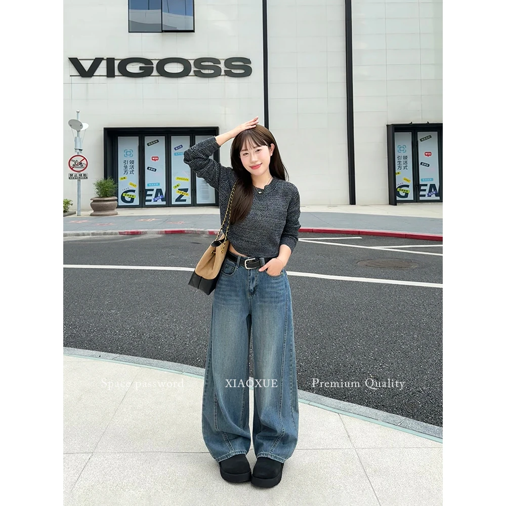 XIAOXUE/小个子窄版弯刀裤~早秋新品怀旧色休闲百搭阔腿牛仔裤女