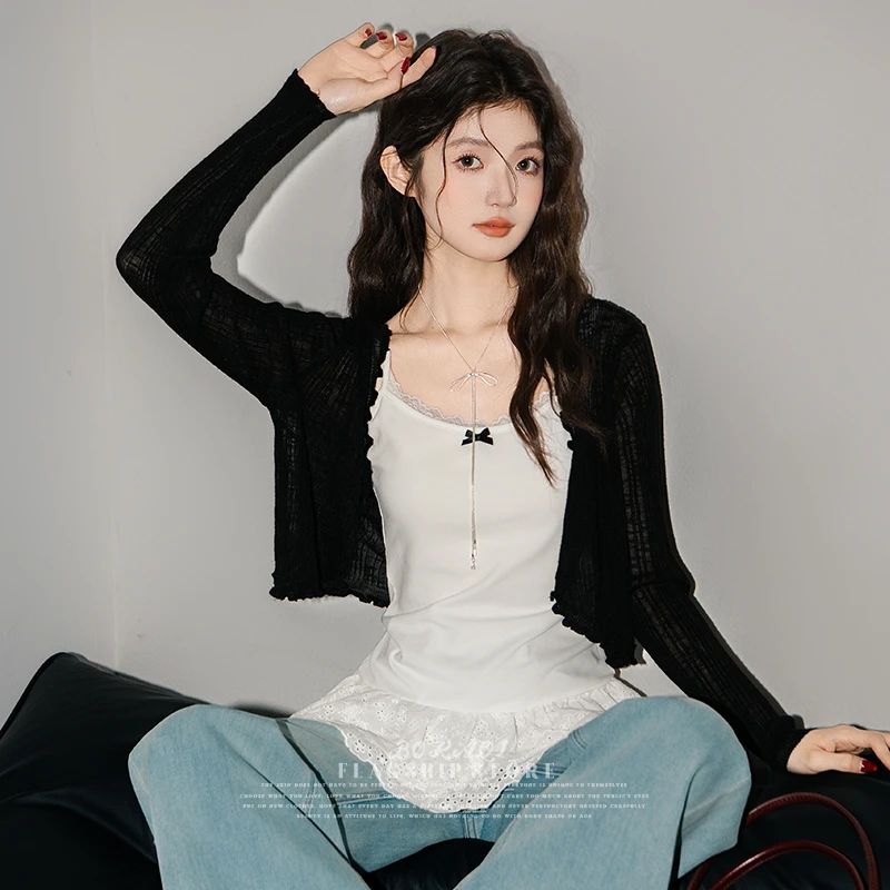 帛卡琪法式蕾丝边吊带背心女2025春夏新款蝴蝶结开衫上衣两件套