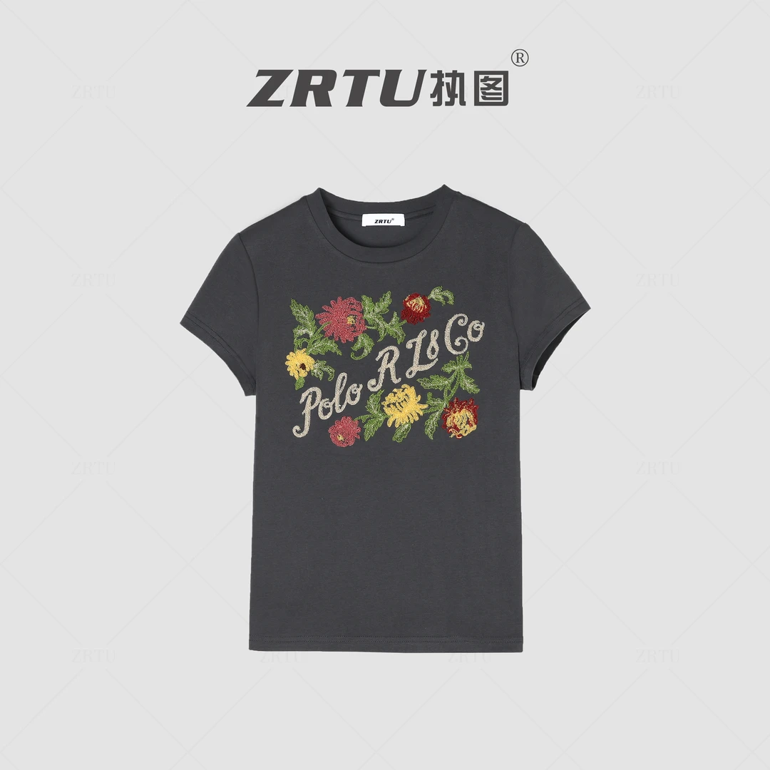 【大锅专属】ZRTU/执图2025新款花朵短袖修身圆领设计师绣花T恤