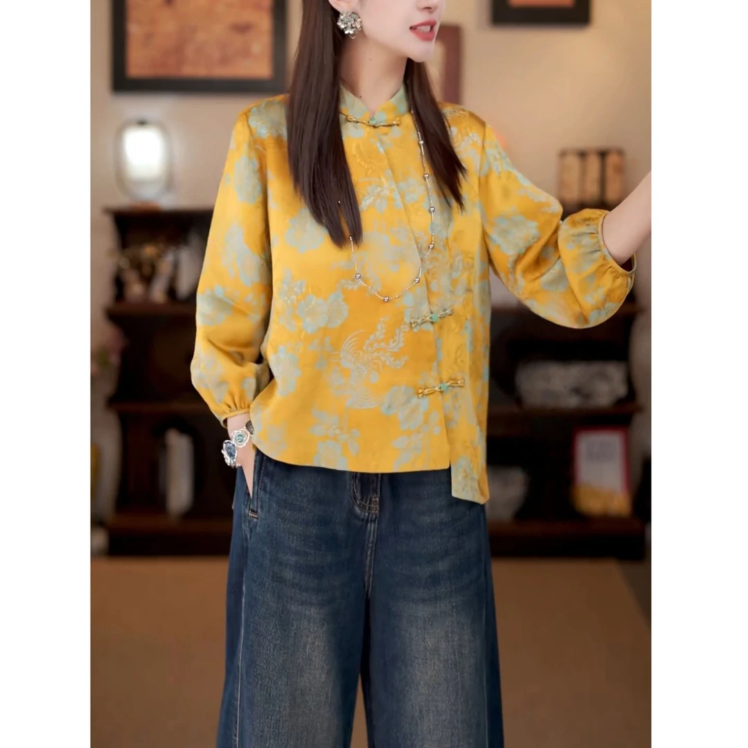 新中式国风印花长袖上衣2025秋季新款时尚洋气设计感显瘦立领衬衫