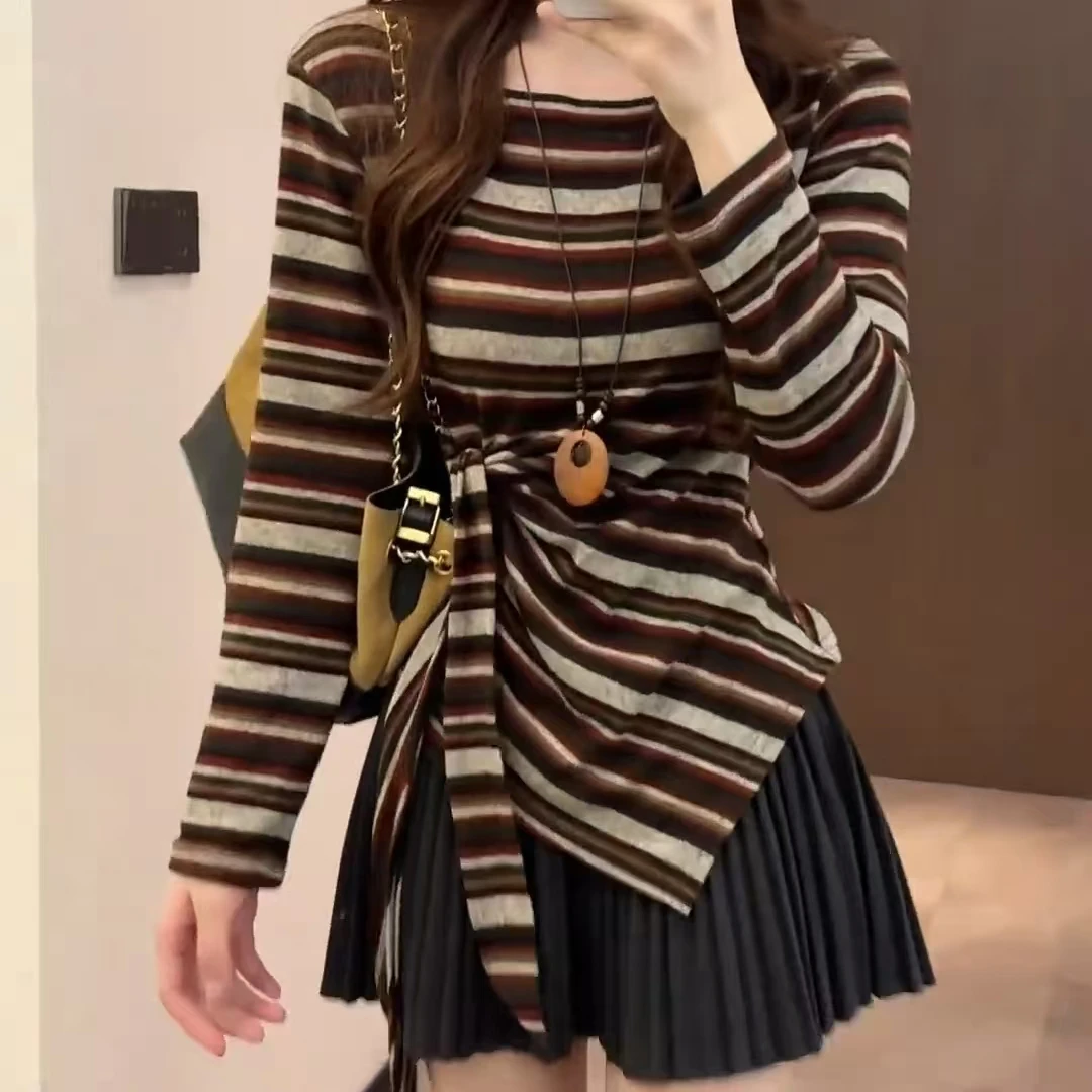 岚岚大码女装时尚新款圆领条纹衫百搭显瘦女神衫25133