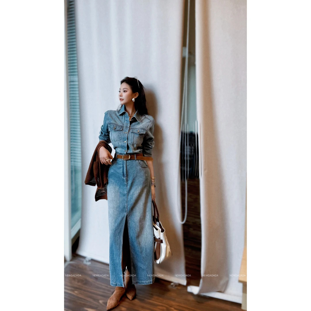 NEW DADADA设计师修身收腰开叉时尚百搭气质牛仔连衣裙CFM1498