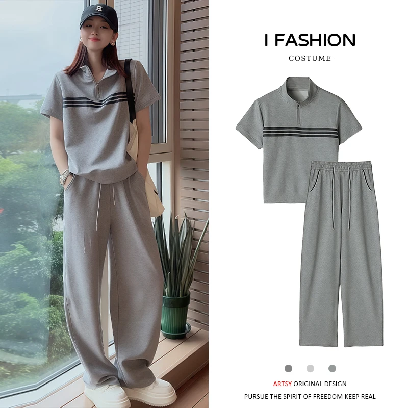 高含棉休闲运动服套装女2025年夏季新款立领短袖上衣阔腿裤两件套