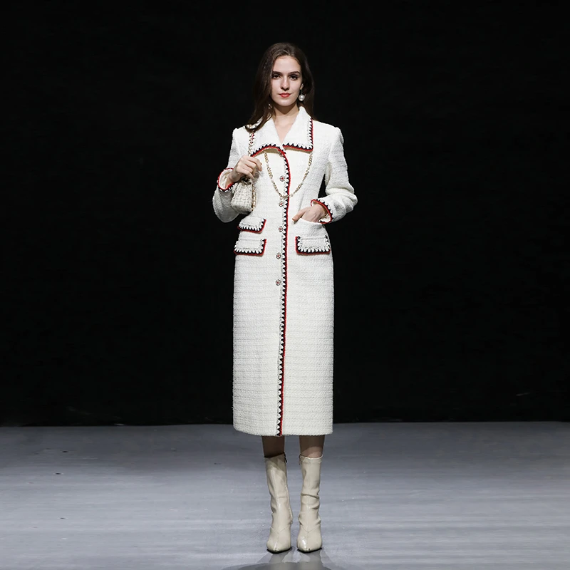 DF-秋冬花呢撞色织带气质通勤OL风简约大衣中长女ZC32466