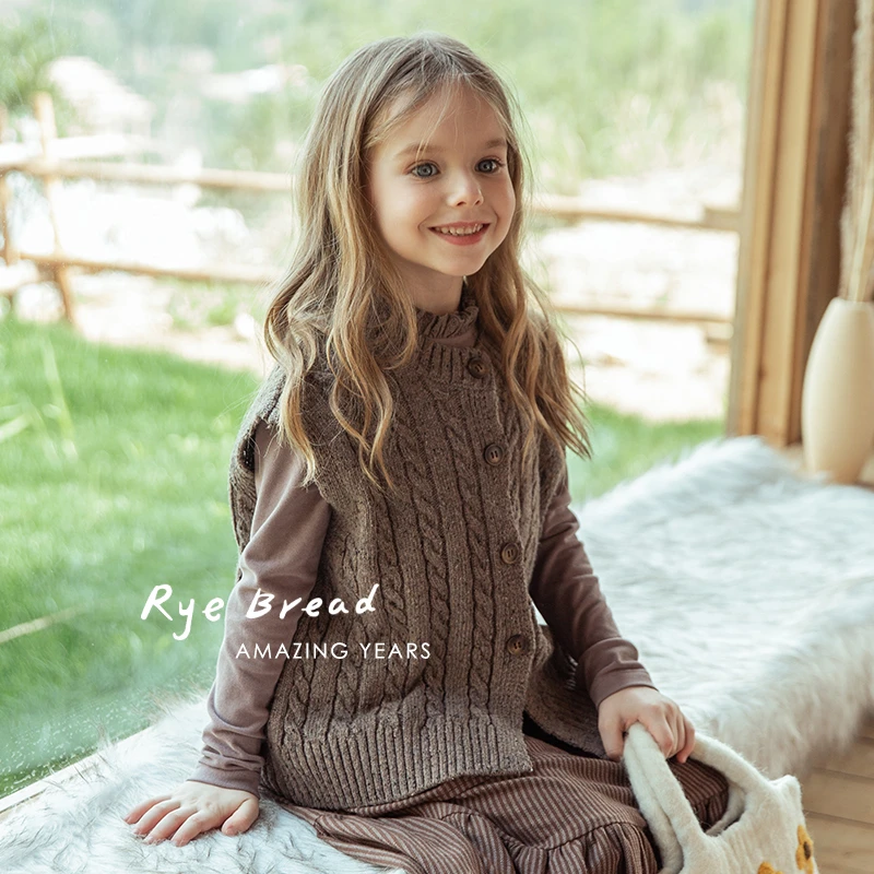 ryebread/黑面包童装韩系圆领女中大童单排纽扣无袖开衫马甲4春秋