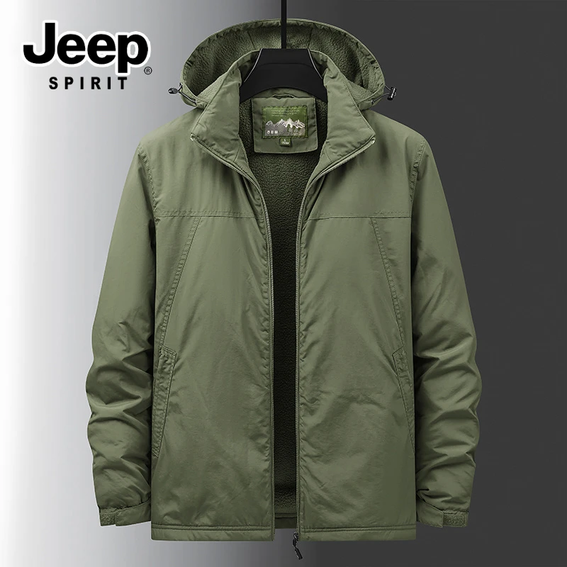 JEEP吉普百搭加绒加厚夹克男士秋冬季可拆卸帽防风登山爸爸装外套