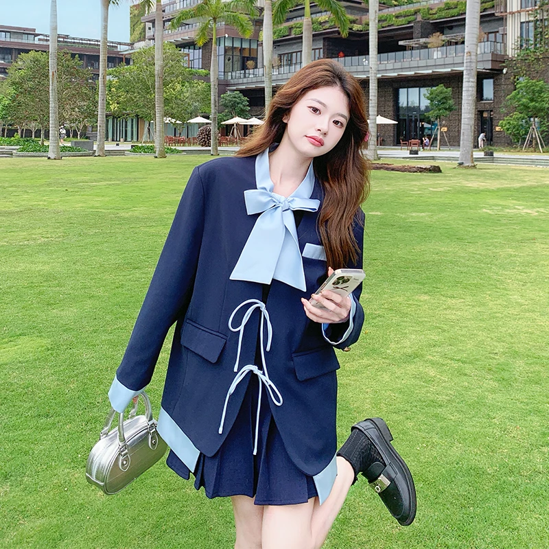 学院风蝴蝶结领设计感上衣套装女2025春新款撞色休闲百褶裙两件套