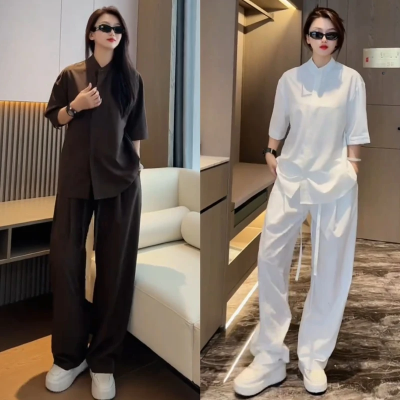 夏季薄款冰丝凉感休闲运动套装男简约潮流宽松透气短袖长裤两件套