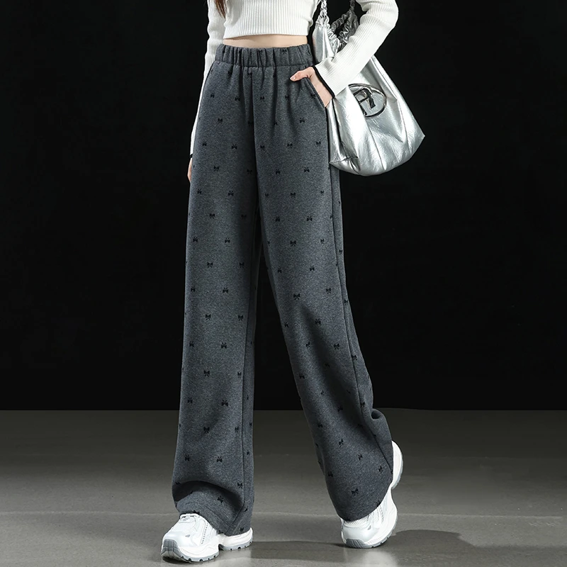 蝴蝶结印花毛呢阔腿裤女秋冬加绒加厚窄版直筒裤休闲慵懒糯米长裤