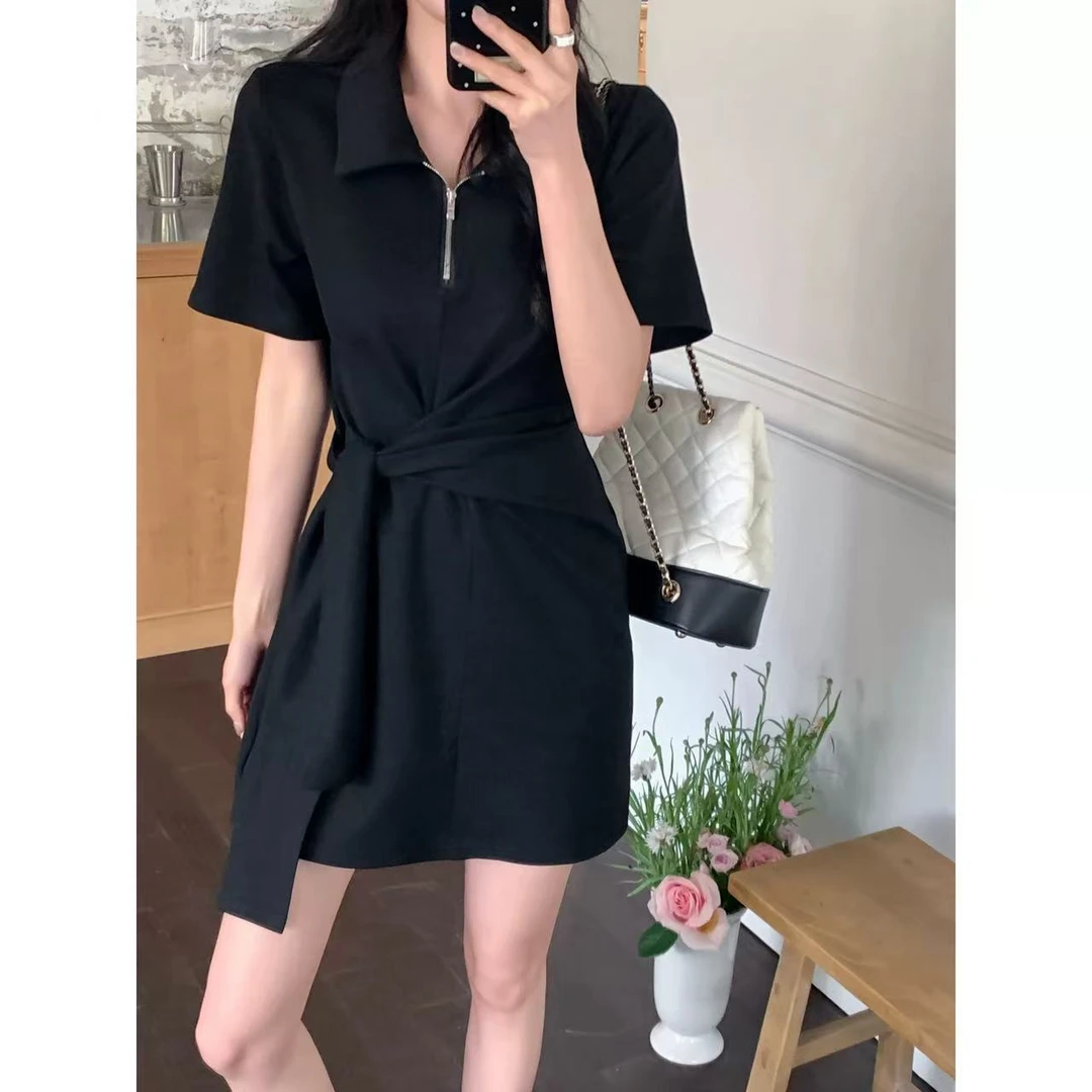 2883#【长84】2025新款时尚收腰显瘦气质小个子短袖连衣裙
