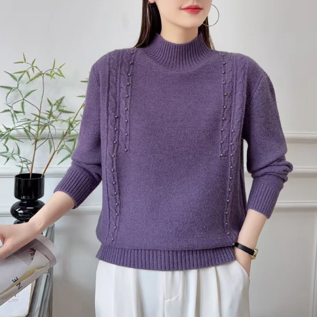 秋冬新款加厚半高领纯色针织女款羊毛衫手工订珠绞花洋气打底衫