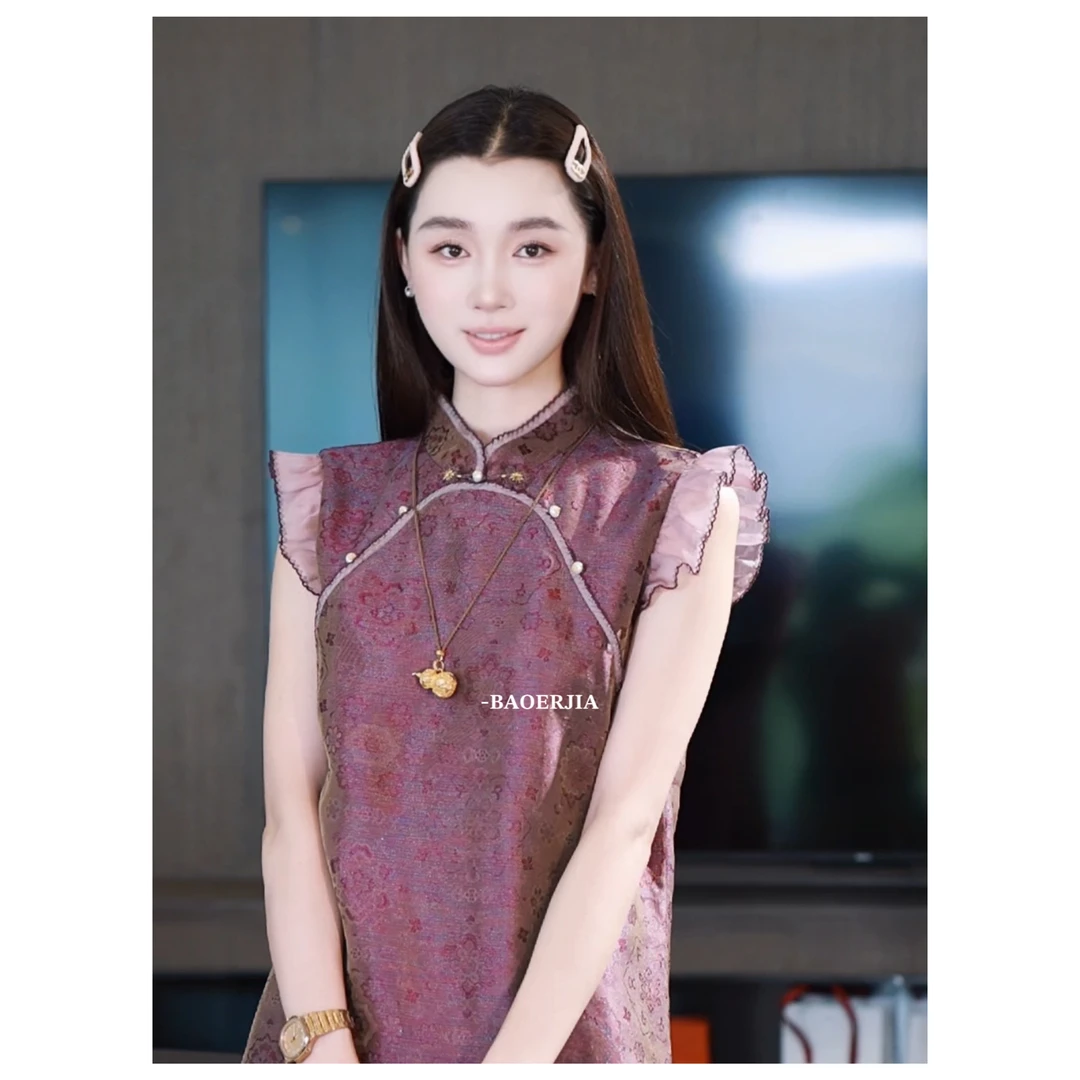 10-【乌梅子酱裙】宝儿家含幂BE48325205夏宝相花螺钿工艺花瓣袖裙