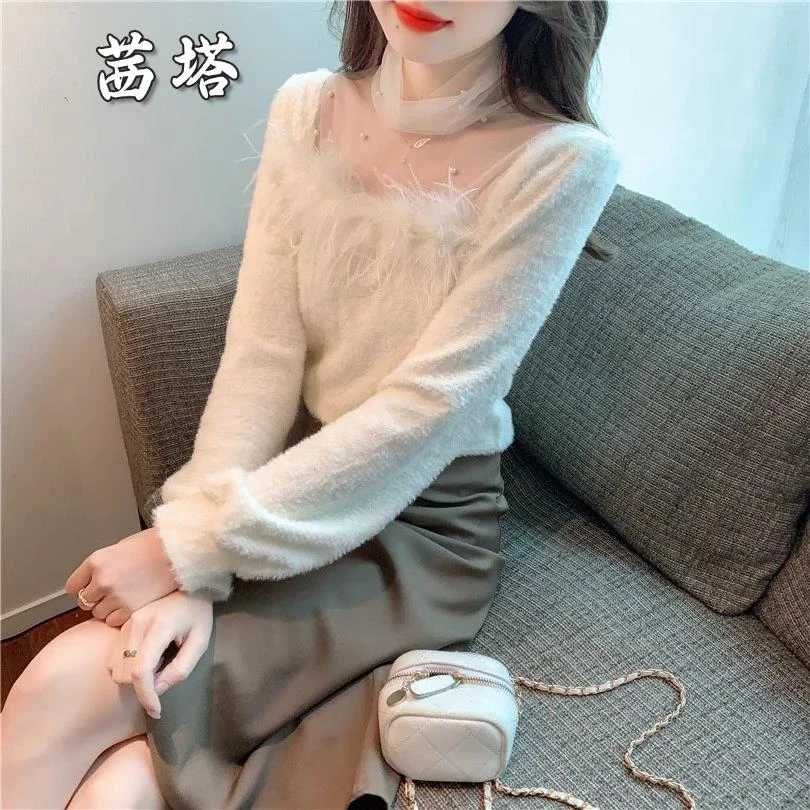 2025年时尚冬季新款法式网纱拼接半高领长袖钉珠打底衬衫女装上衣