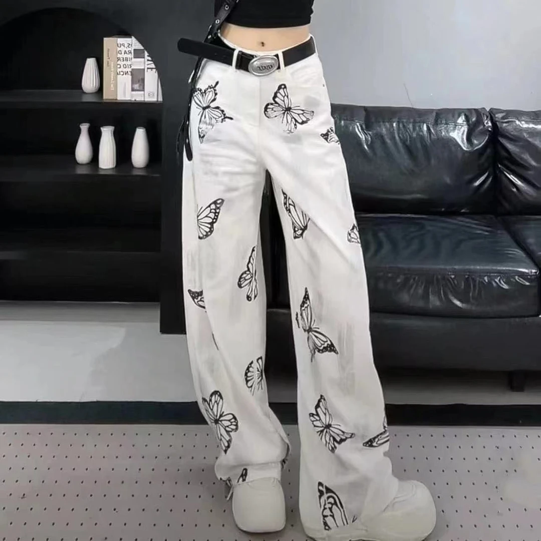 欧美高街白色蝴蝶印花阔腿牛仔裤女高腰直筒宽松显瘦扎染拖地长裤