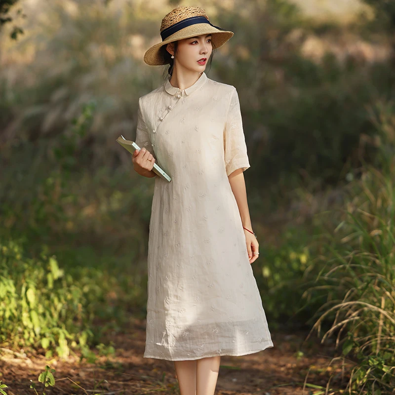 高端中式改良苎麻连衣裙女2025新款春夏装新中式改良版棉麻旗袍裙