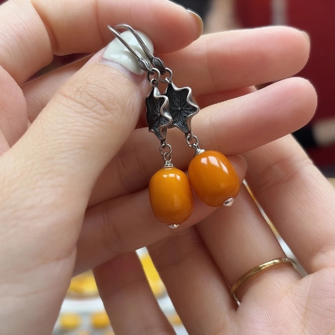 琥珀裸石银S925镶嵌3耳坠