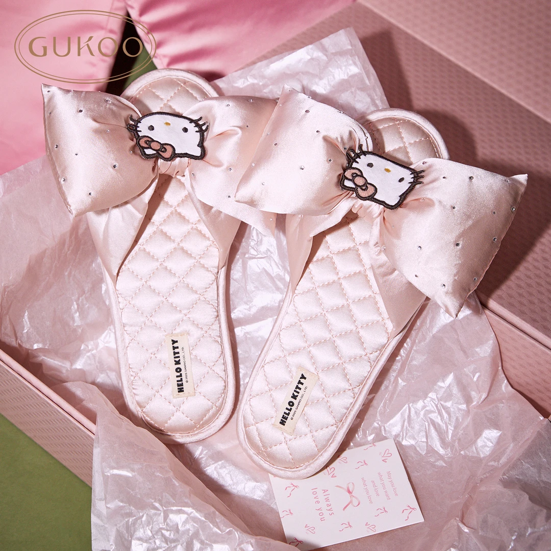 【yoyo推荐】Gukoo果壳hellokitty夏季精致锻面蝴蝶结居家拖鞋