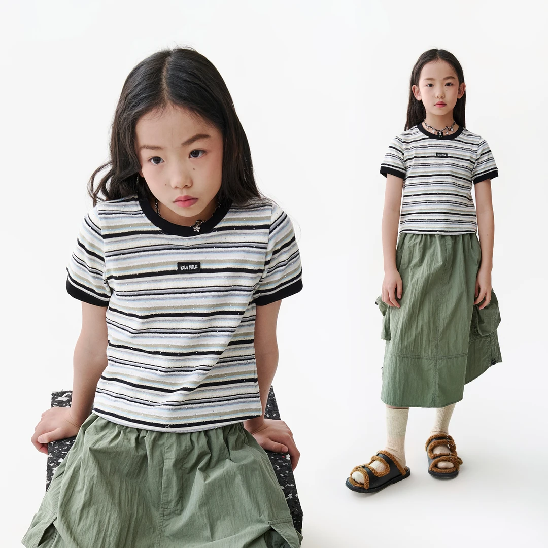 KALAMILE女童夏季休闲时尚百搭条纹烫钻T恤X2192