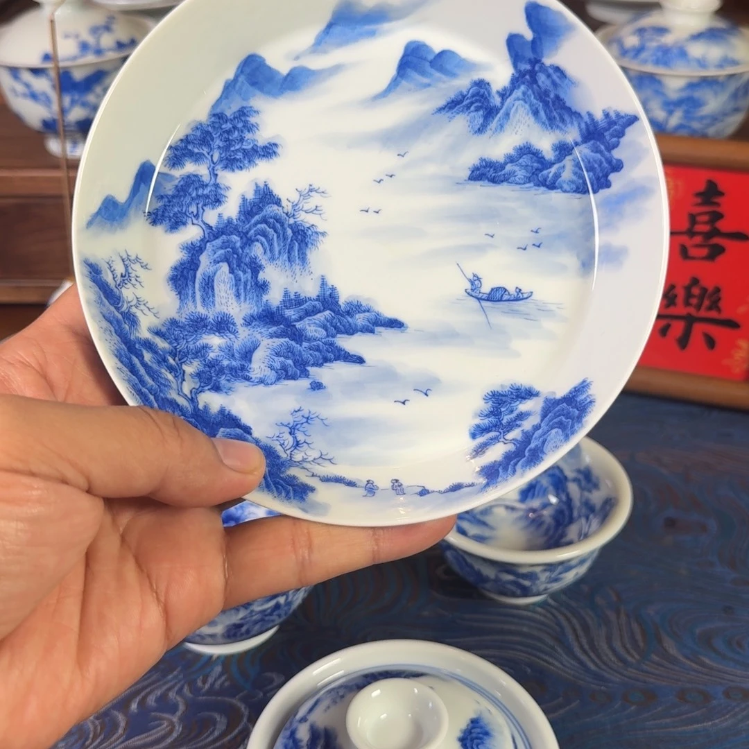 景德镇全手工手绘青花山水壶承