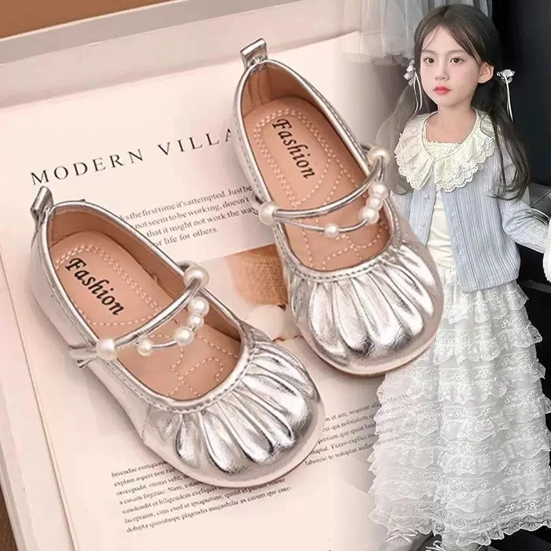 女童2025春季新款软底防滑小皮鞋珍珠亮皮时尚百搭公主鞋0063
