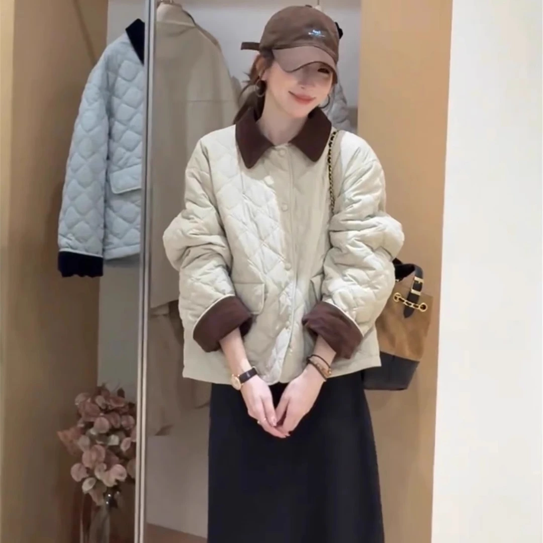 夹棉加厚外套女短款上衣秋冬新款2025韩系宽松简约小个子菱格棉服