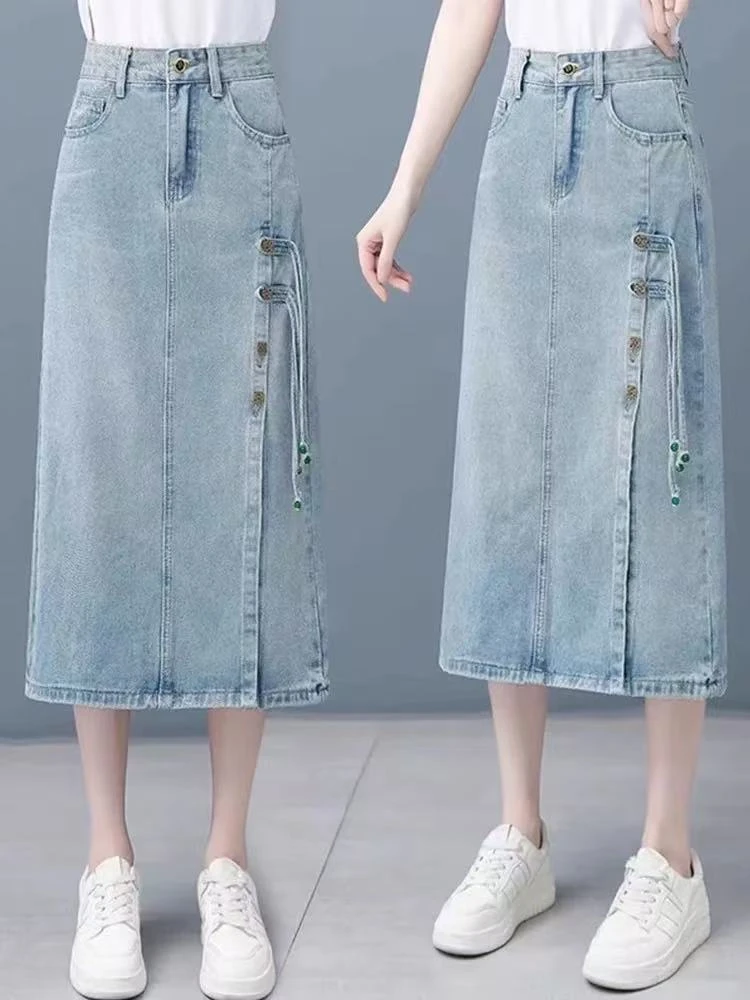 1095爆款复古高腰国风牛仔半身裙女大码中长款开叉包臀裙新中式