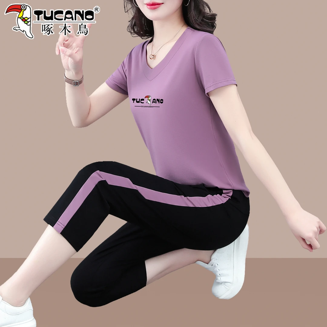 啄木鸟冰丝七分裤套装女2025新款夏季妈妈V领短袖时尚运动两件套