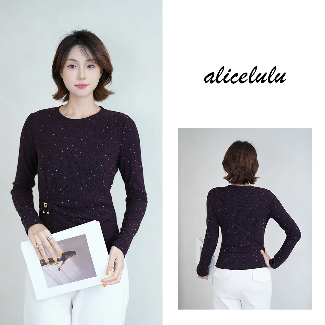 [alicelulu]时尚圆领长袖烫钻修身显瘦打底衫S2144482W