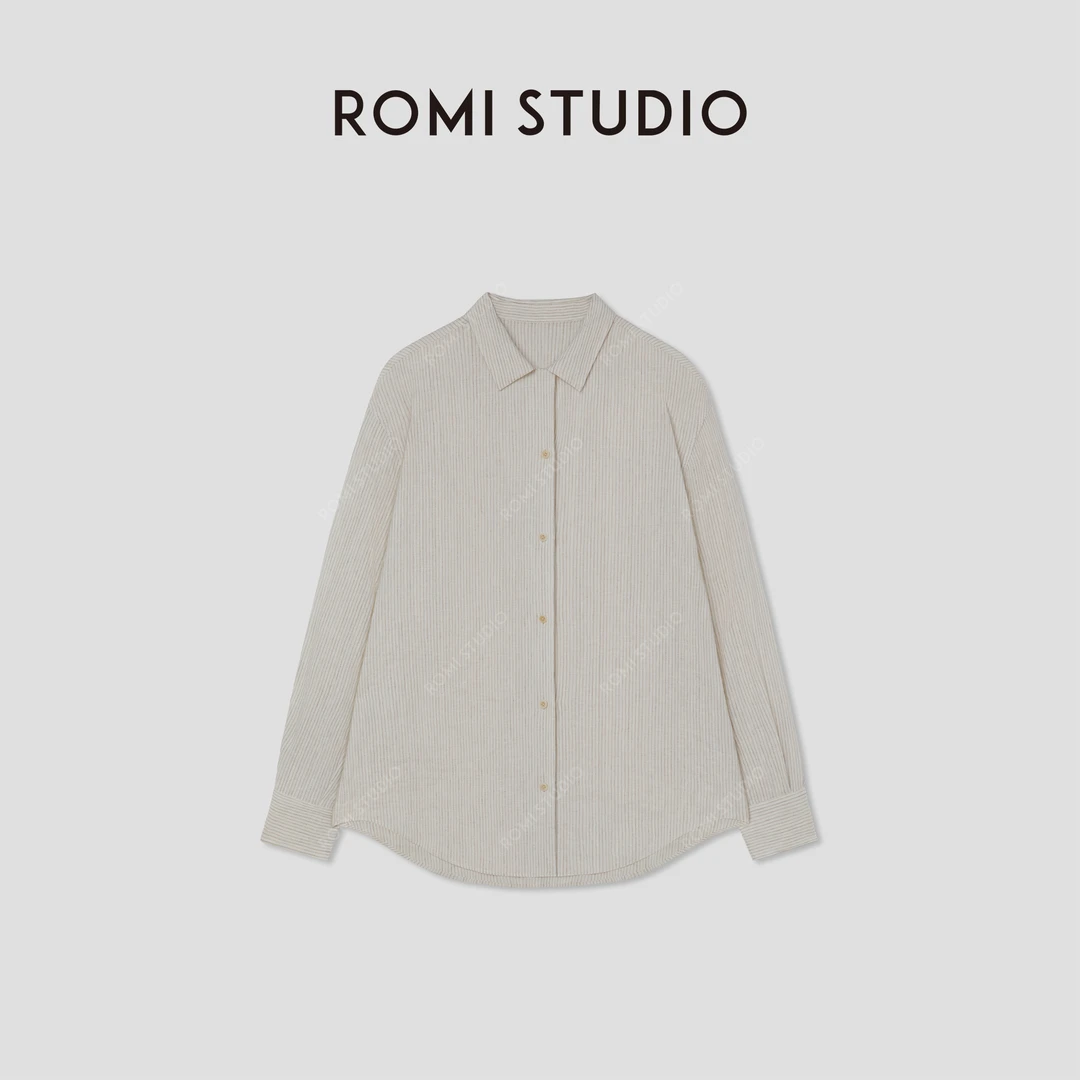 ROMI STUDIO“随性自然”100%亚麻肌理感细条纹翻领衬衣 RWCSSG1579