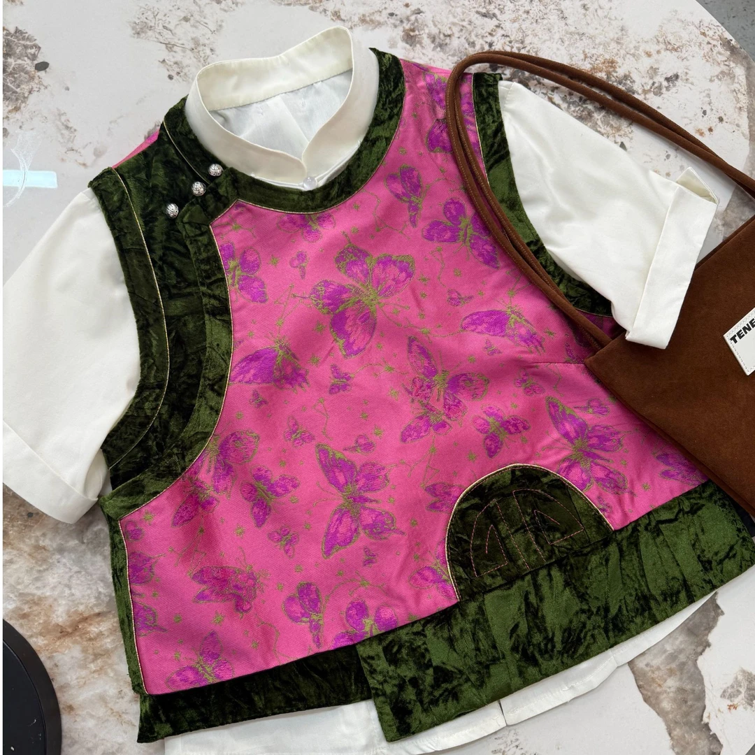 T y a n T y a n 春款民族风牛仔花花，蝴蝶缎面马甲时尚夏季印花