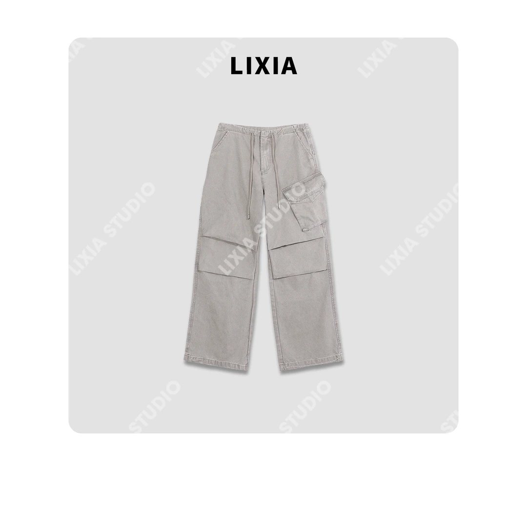 LIXIA【零感】休闲风工装水泥灰抽绳直筒牛仔长裤-D9058