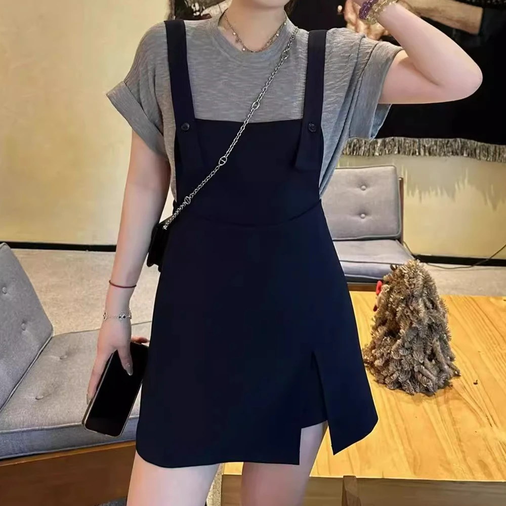 【森系谍影】两件套背带连衣裙+针织短袖T恤上衣大码女套装WJ026播