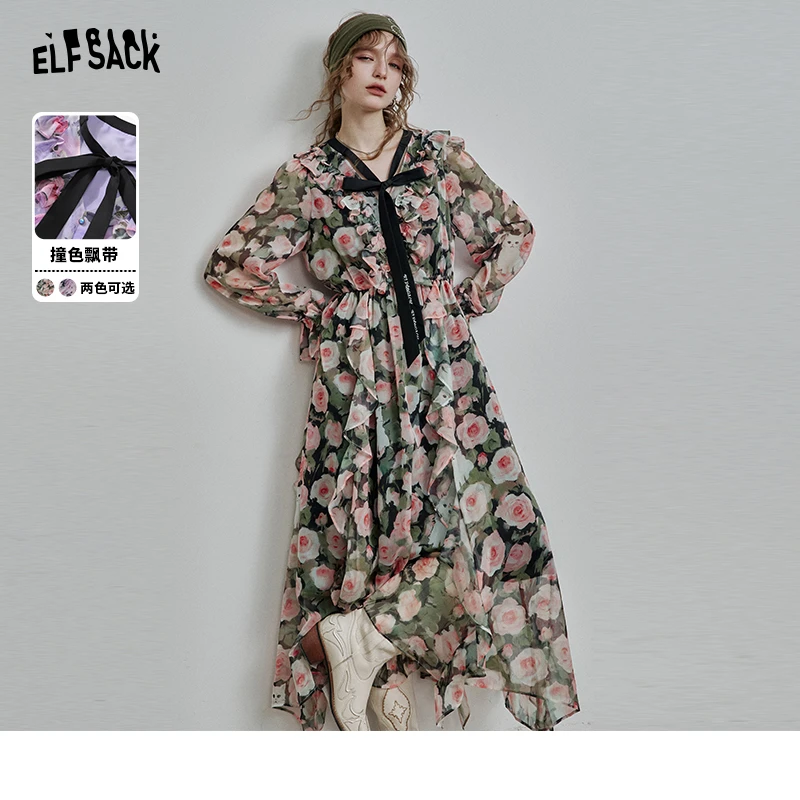 【诗语专属】妖精的口袋雪纺印花撞色飘带设计连衣裙春法式浪漫荷