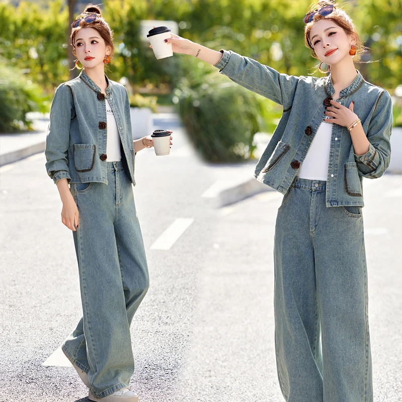 时尚撞色拼接牛仔套装女2025春秋新款复古设计感休闲阔腿裤两件套