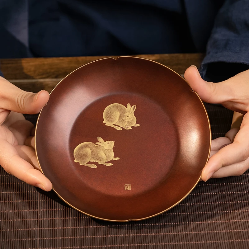 新中式复古黄铜梧桐双兔壶承茶杯托手工彩烧功夫茶配件
