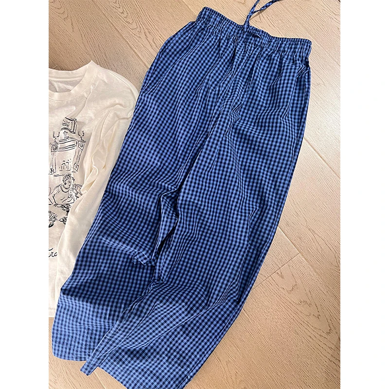 【黑蓝格纹】韩系简约慵懒睡裤女夏季新款亲肤休闲遛弯长裤子可外穿
