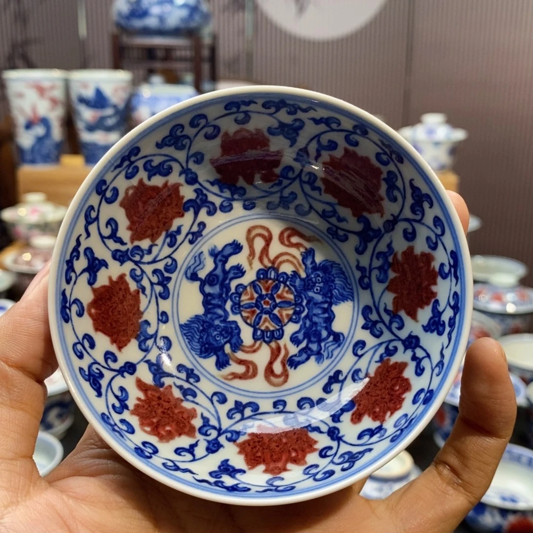 微瑕双狮戏绣球普洱杯原矿手绘