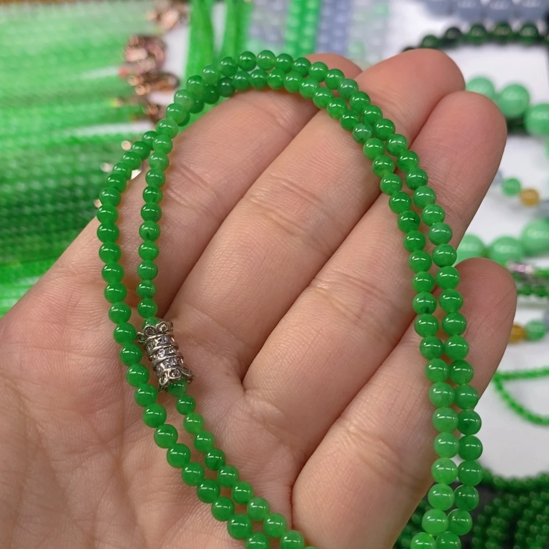 翡翠未镶嵌颈饰缅甸天然翡翠阳绿小米珠锁骨链3.7