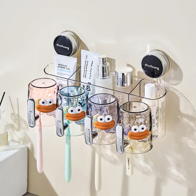 吸盘牙刷置物架壁挂式免打孔牙刷架新款卫生间刷牙杯漱口杯架子