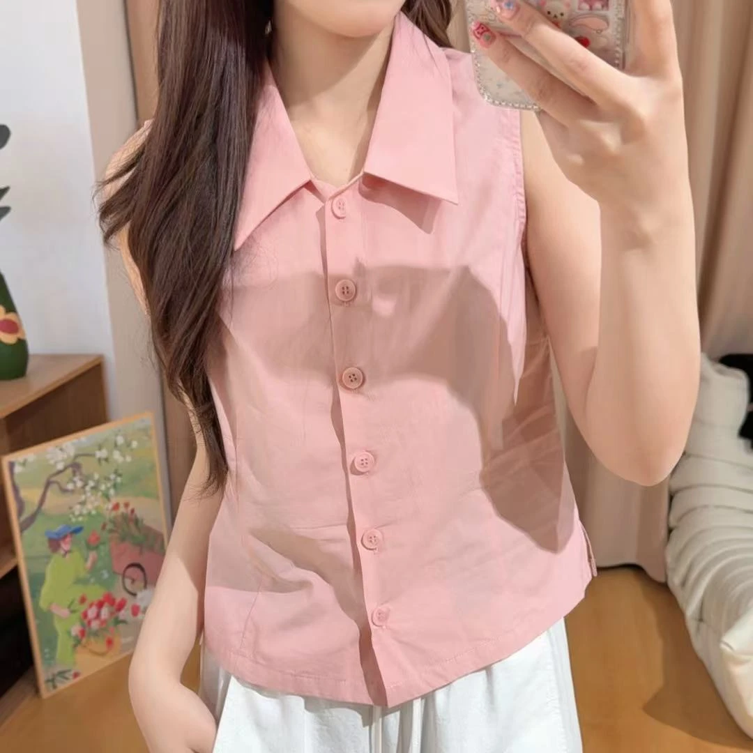 84784余小鱼【小情书】两色polo领单排扣时尚百搭无袖衬衫女装