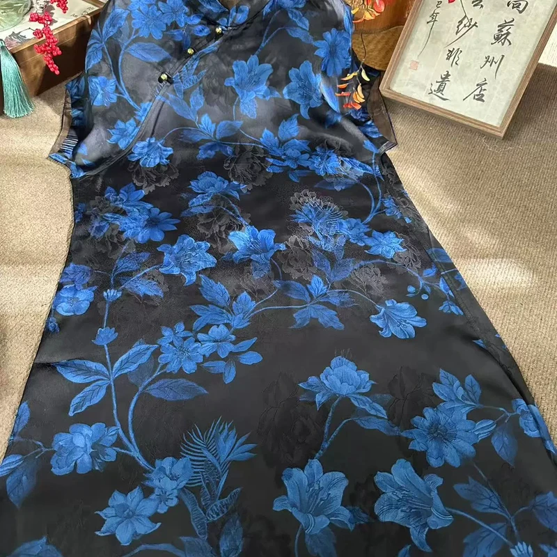 夏季新款新中式国风轻奢气质蓝灵郁金香斜襟旗袍连衣裙