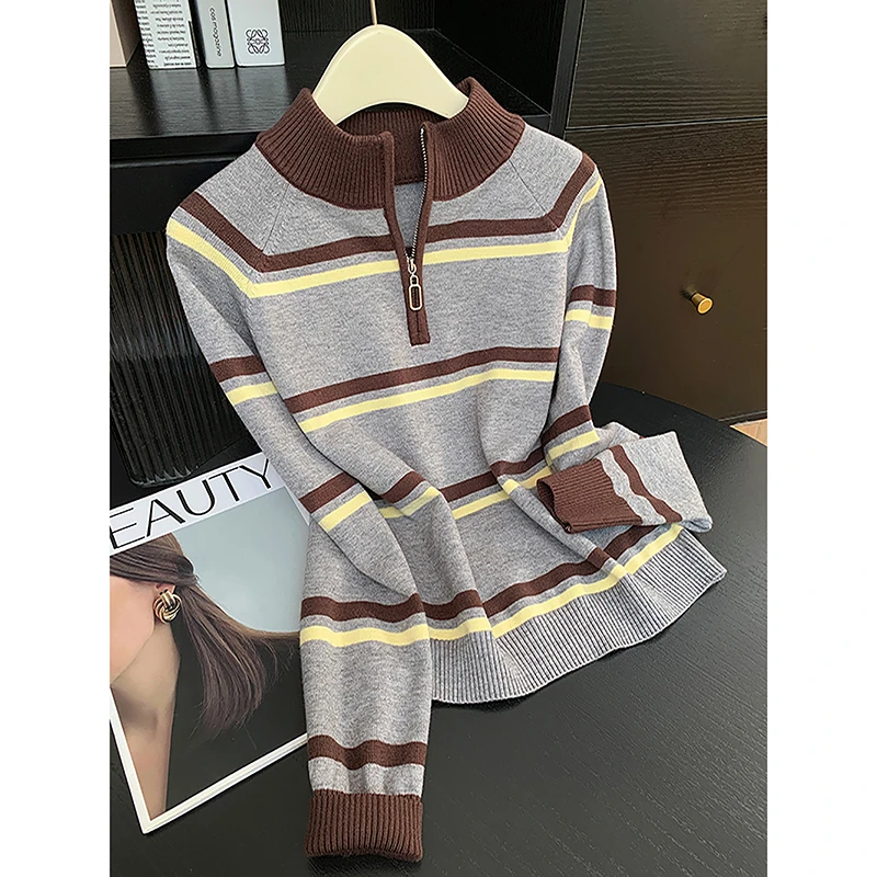 秋冬2025新款复古风软糯百搭显瘦毛衣条纹撞色半拉链立领针织衫女
